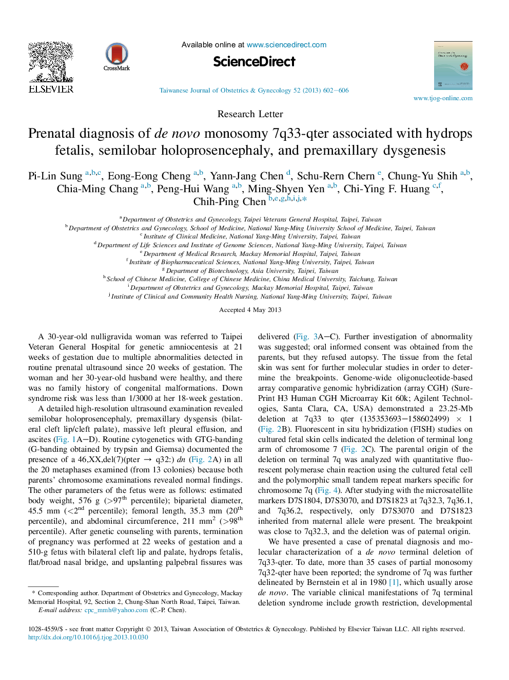 Prenatal diagnosis of de novo monosomy 7q33-qter associated with hydrops fetalis, semilobar holoprosencephaly, and premaxillary dysgenesis