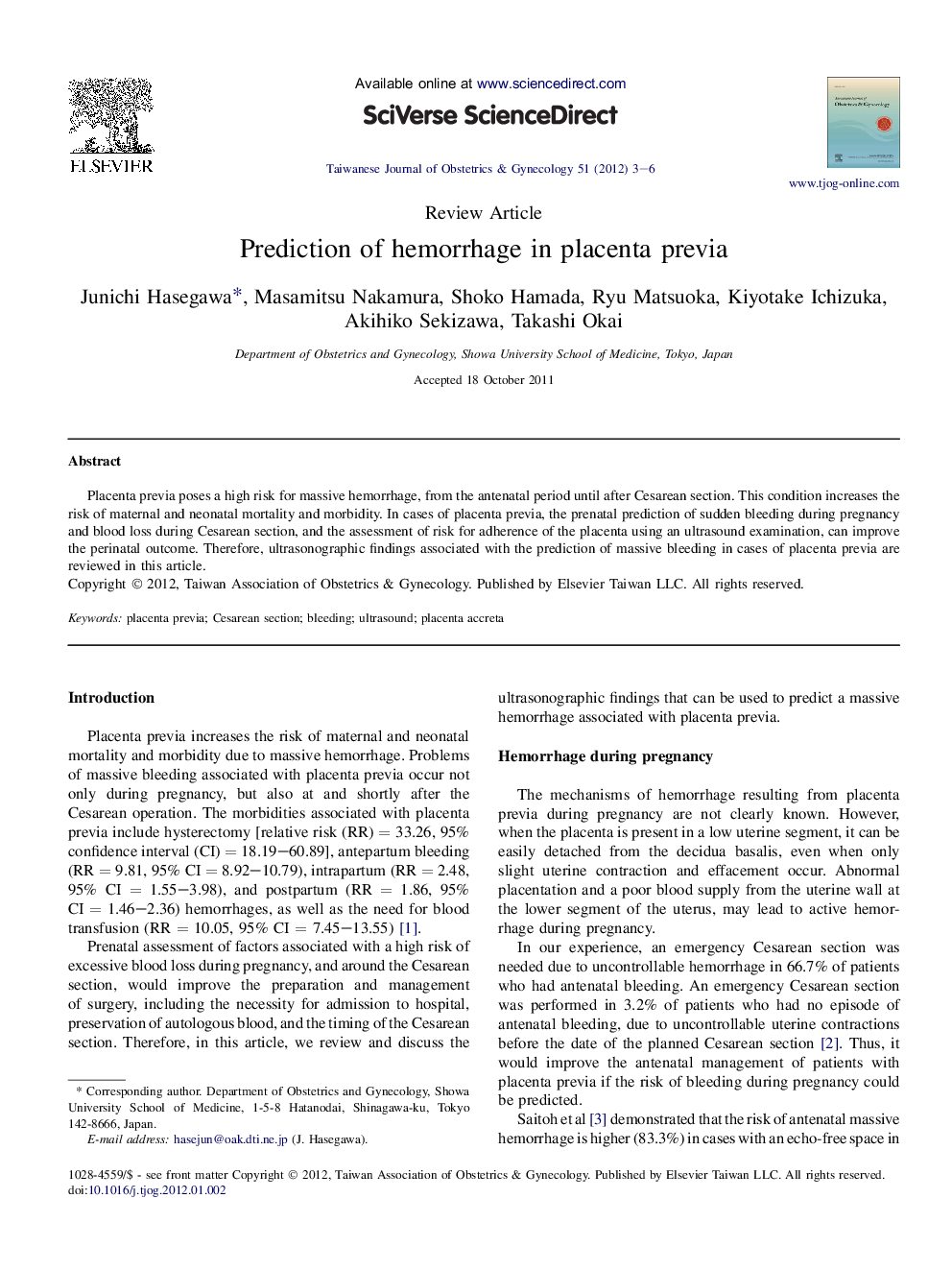 Prediction of hemorrhage in placenta previa