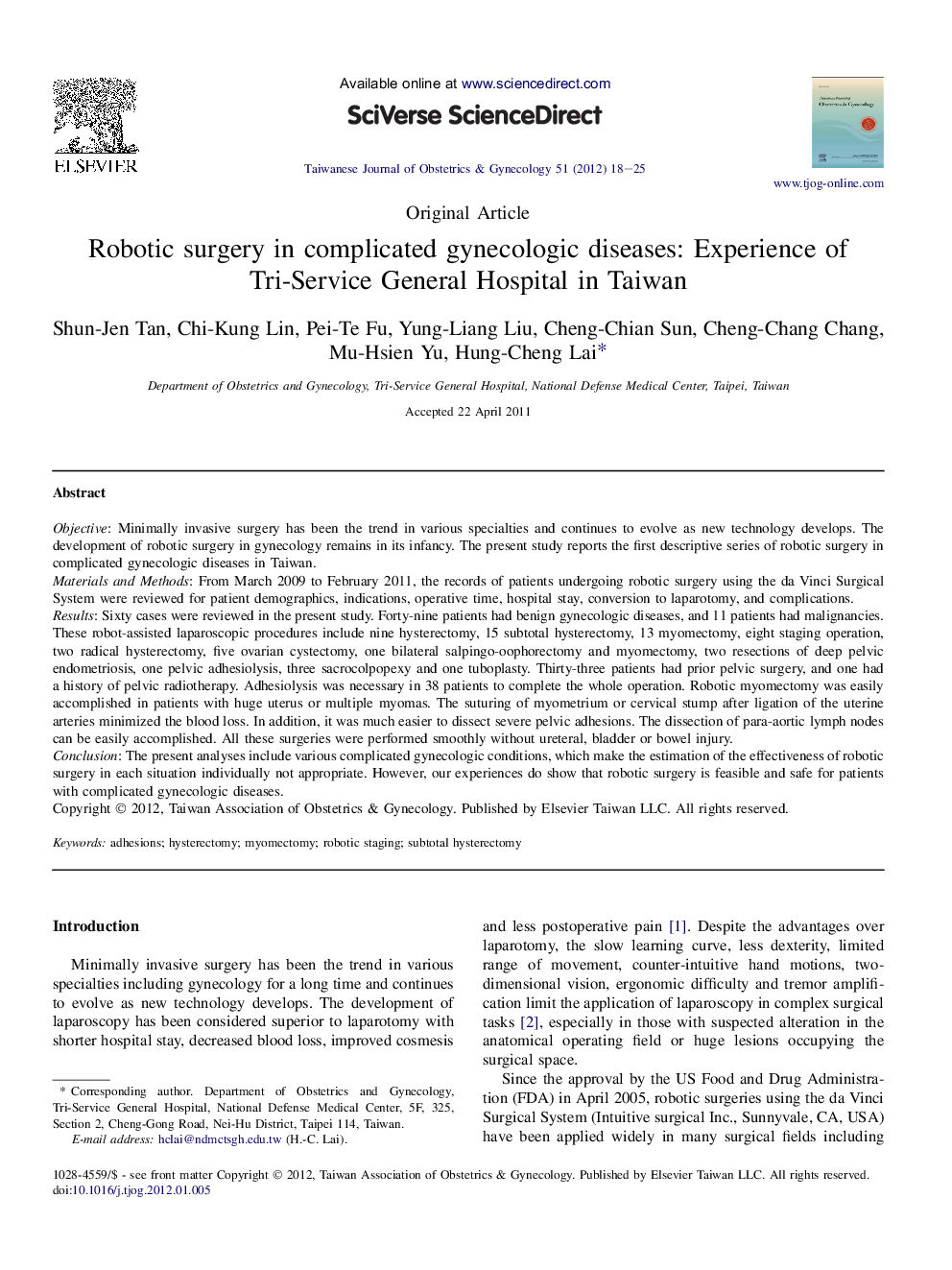 Robotic surgery in complicated gynecologic diseases: Experience of Tri-Service General Hospital in Taiwan