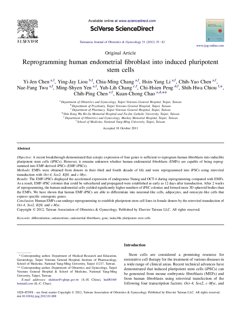 Reprogramming human endometrial fibroblast into induced pluripotent stem cells