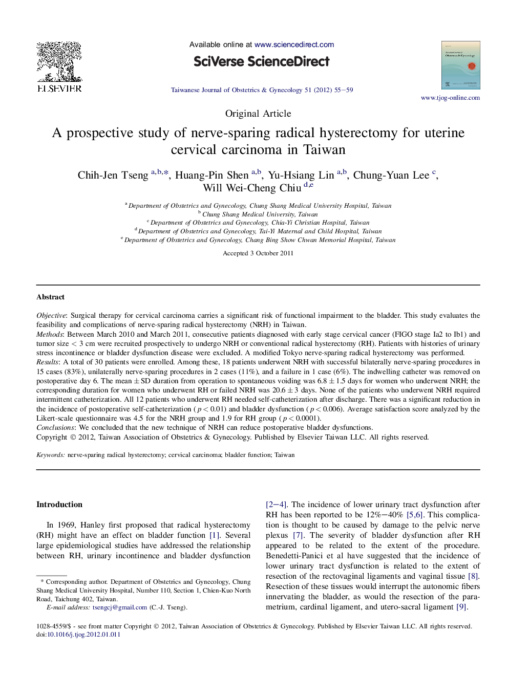 A prospective study of nerve-sparing radical hysterectomy for uterine cervical carcinoma in Taiwan