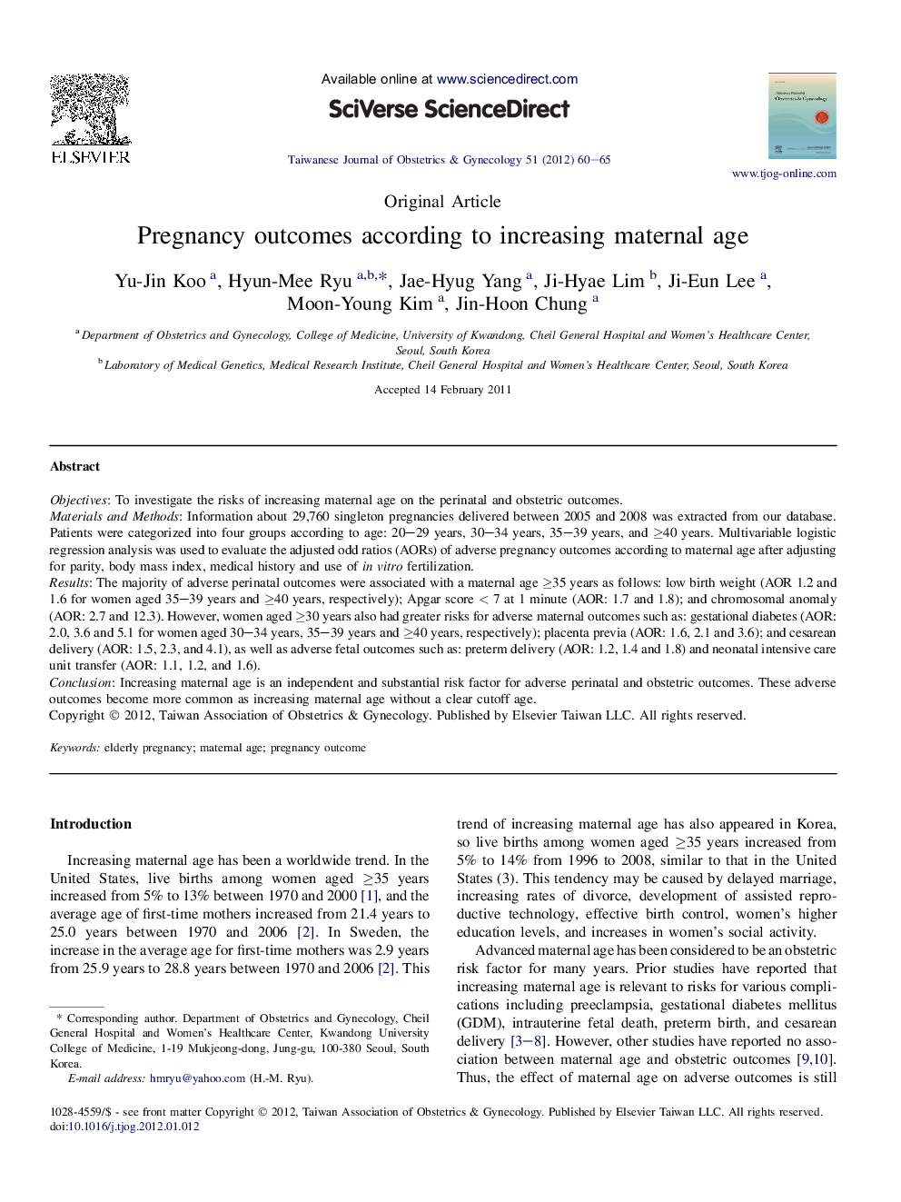 Pregnancy outcomes according to increasing maternal age