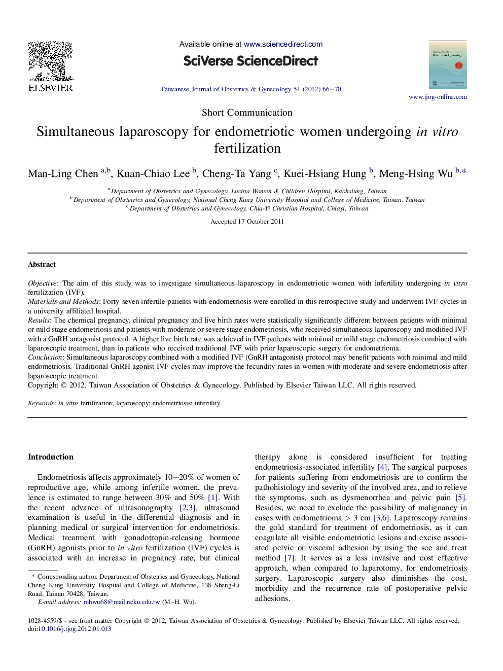 Simultaneous laparoscopy for endometriotic women undergoing in vitro fertilization