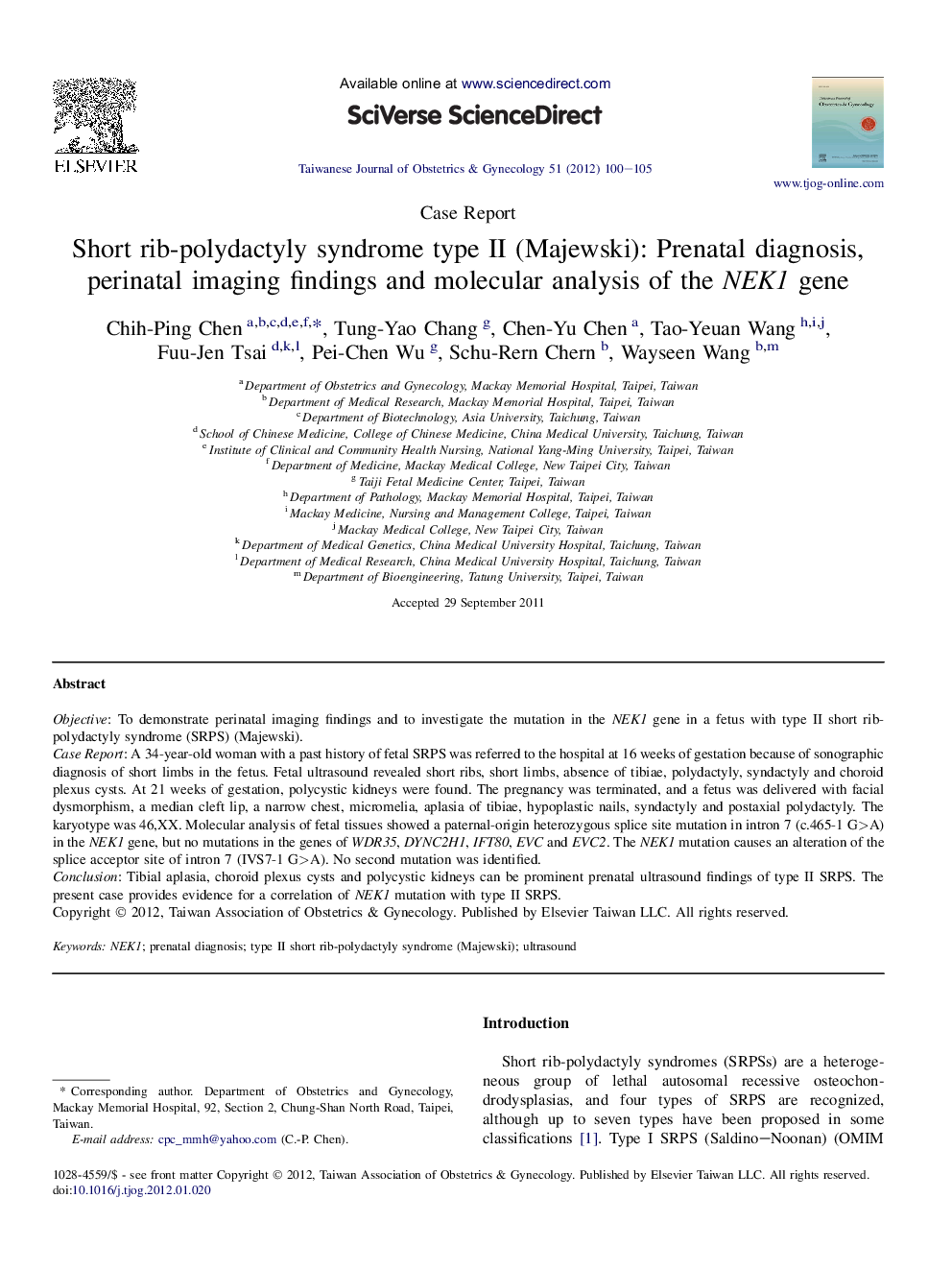 Short rib-polydactyly syndrome type II (Majewski): Prenatal diagnosis, perinatal imaging findings and molecular analysis of the NEK1 gene