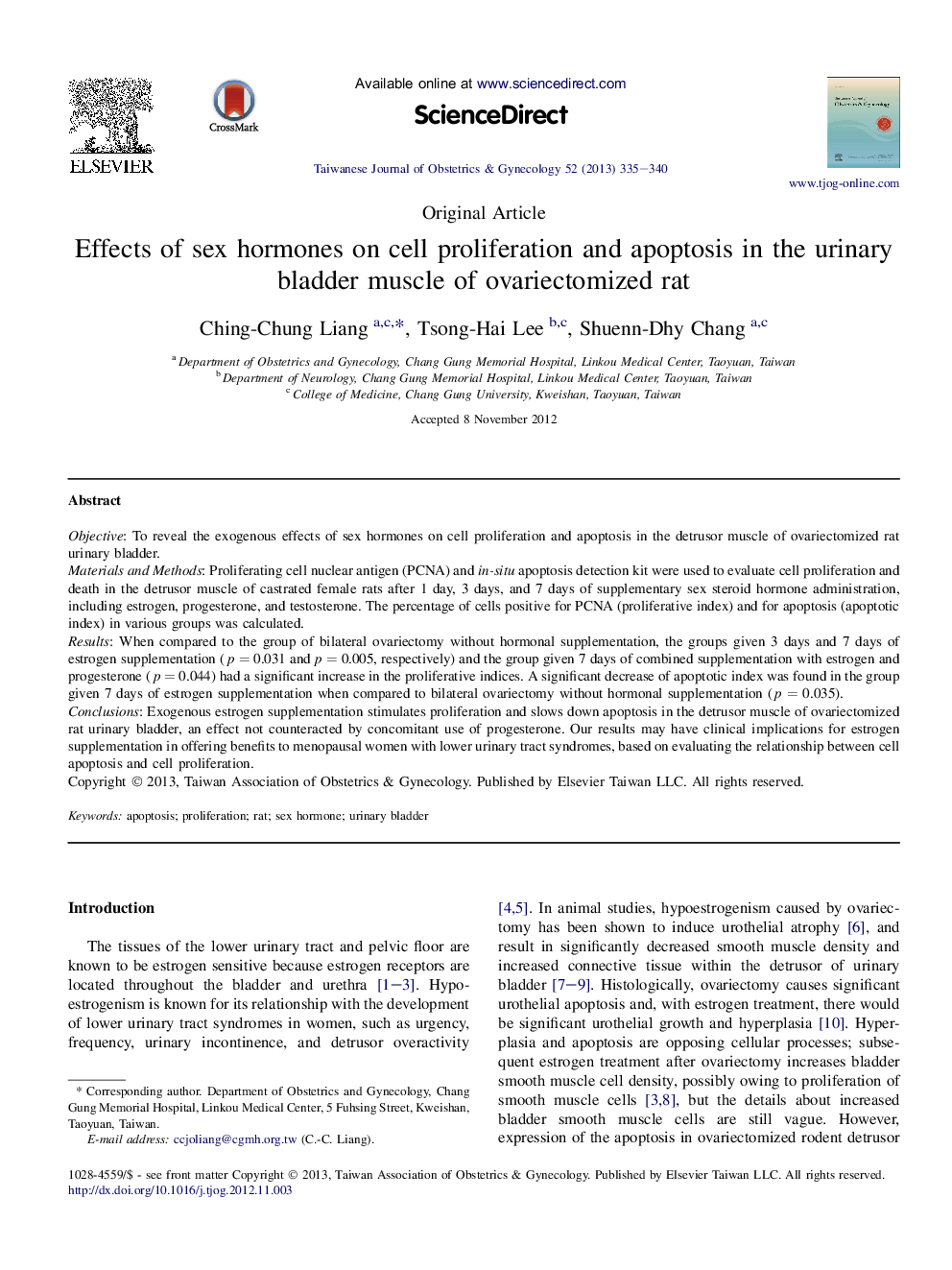 Effects of sex hormones on cell proliferation and apoptosis in the urinary bladder muscle of ovariectomized rat