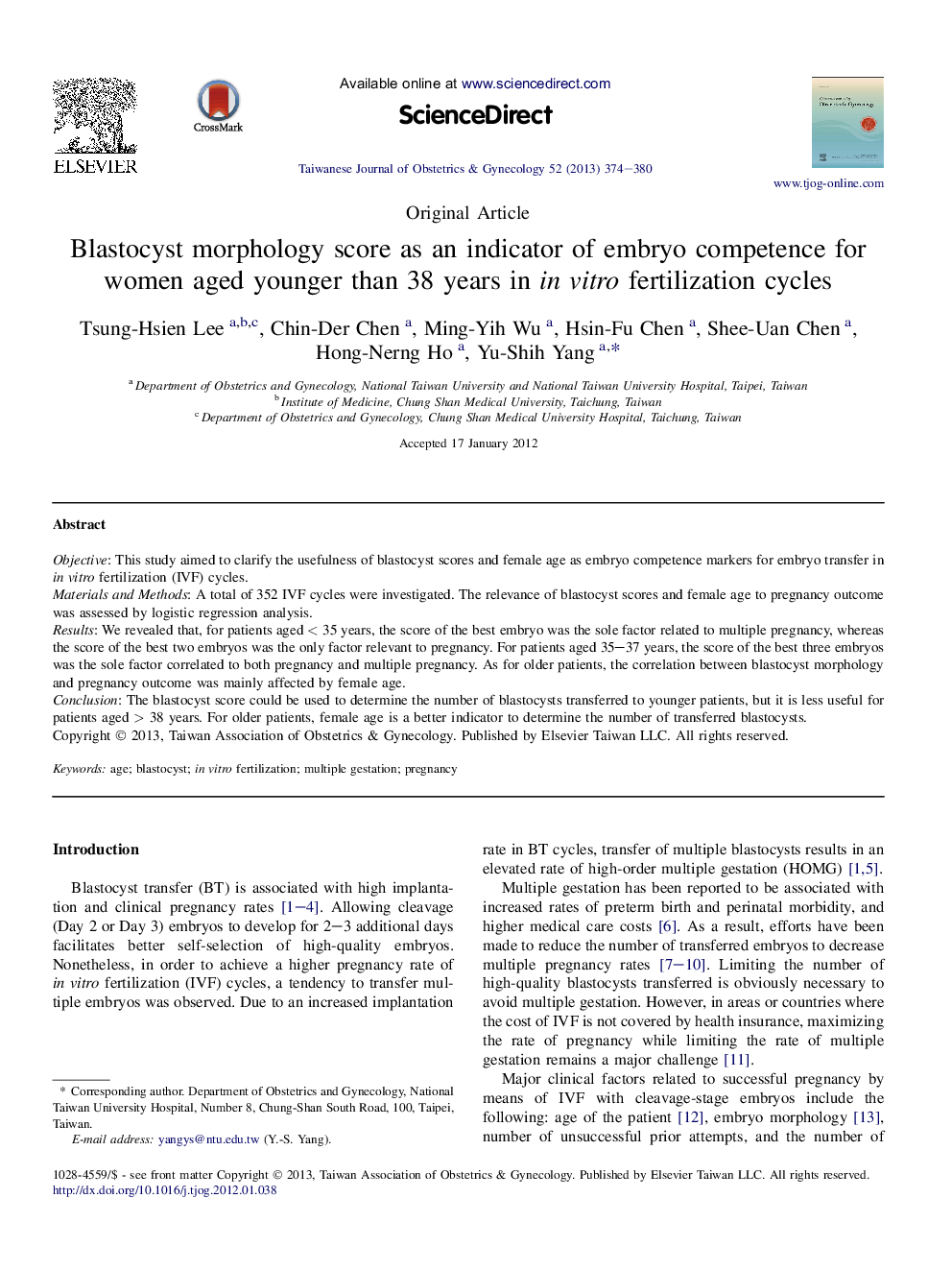 Blastocyst morphology score as an indicator of embryo competence for women aged younger than 38 years in in vitro fertilization cycles