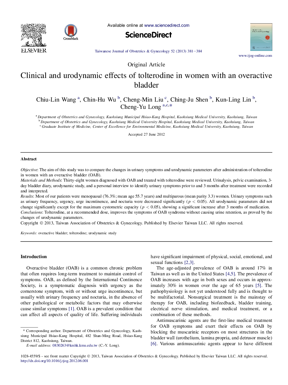 Clinical and urodynamic effects of tolterodine in women with an overactive bladder