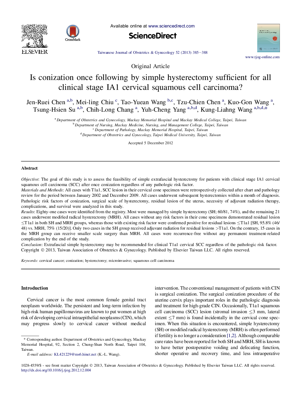 Is conization once following by simple hysterectomy sufficient for all clinical stage IA1 cervical squamous cell carcinoma?