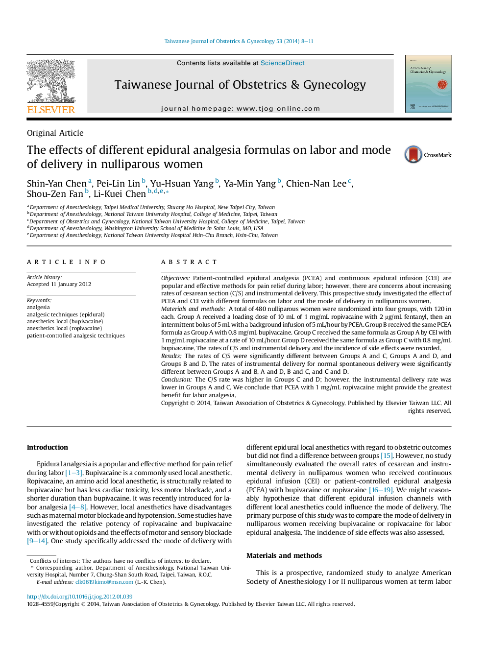 The effects of different epidural analgesia formulas on labor and mode of delivery in nulliparous women 