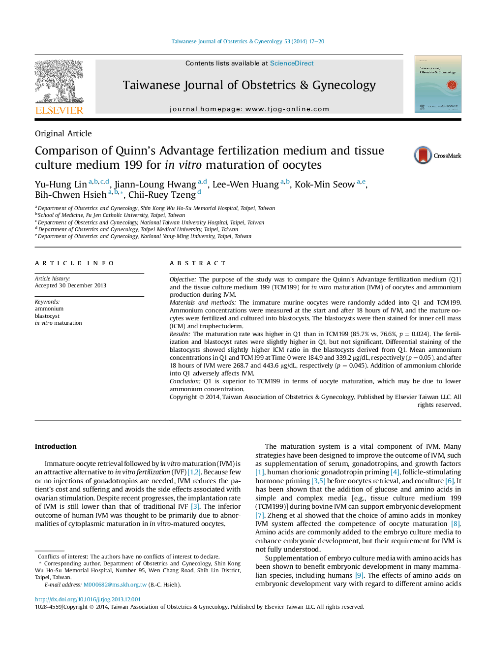 Comparison of Quinn's Advantage fertilization medium and tissue culture medium 199 for in vitro maturation of oocytes 