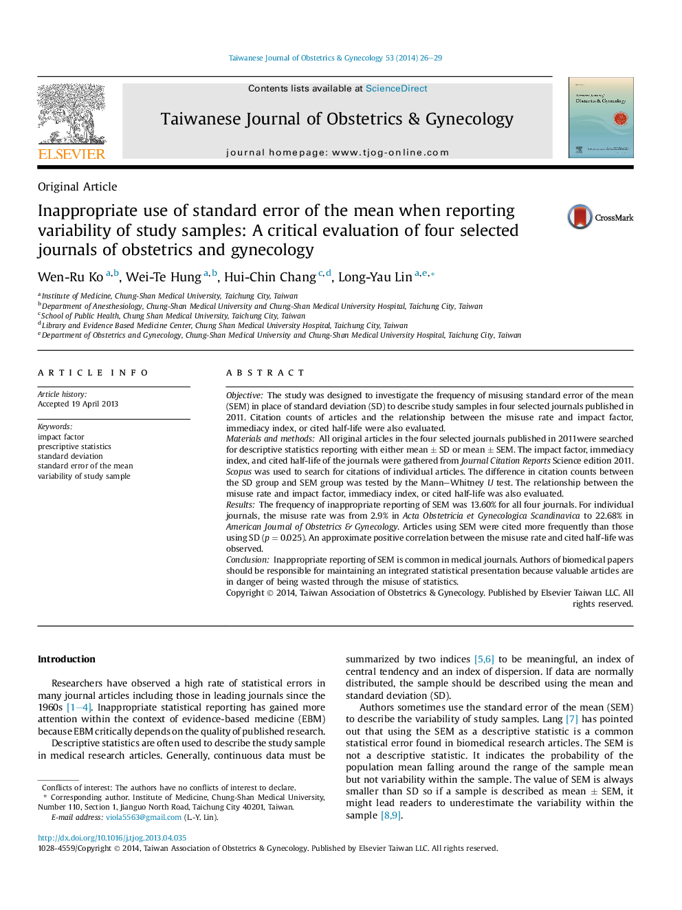 Inappropriate use of standard error of the mean when reporting variability of study samples: A critical evaluation of four selected journals of obstetrics and gynecology 