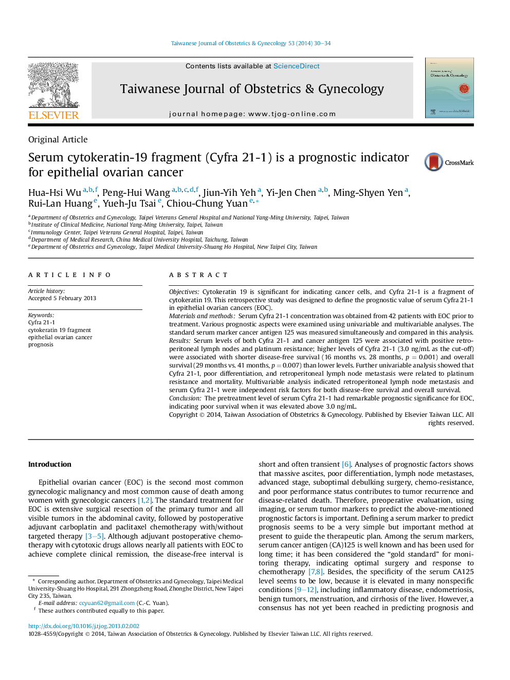 Serum cytokeratin-19 fragment (Cyfra 21-1) is a prognostic indicator for epithelial ovarian cancer