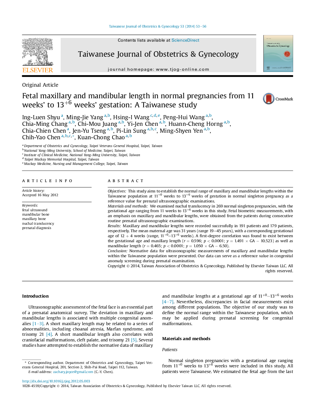 Fetal maxillary and mandibular length in normal pregnancies from 11 weeks' to 13+6 weeks' gestation: A Taiwanese study