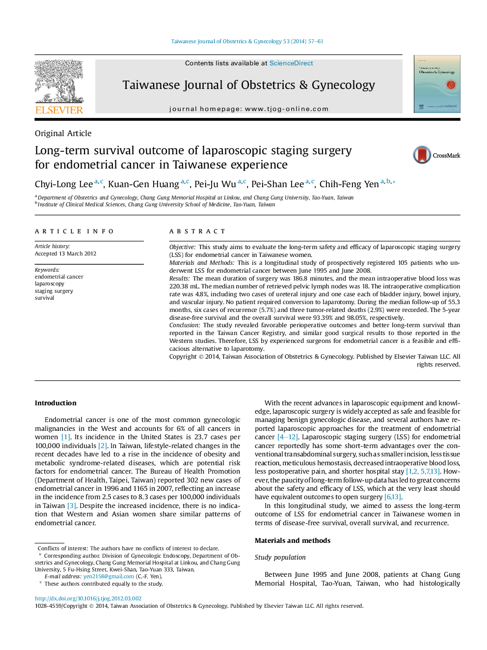 Long-term survival outcome of laparoscopic staging surgery for endometrial cancer in Taiwanese experience 