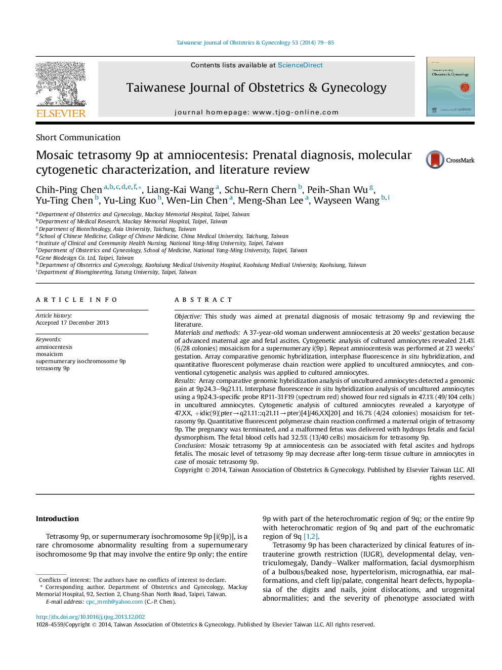 Mosaic tetrasomy 9p at amniocentesis: Prenatal diagnosis, molecular cytogenetic characterization, and literature review 