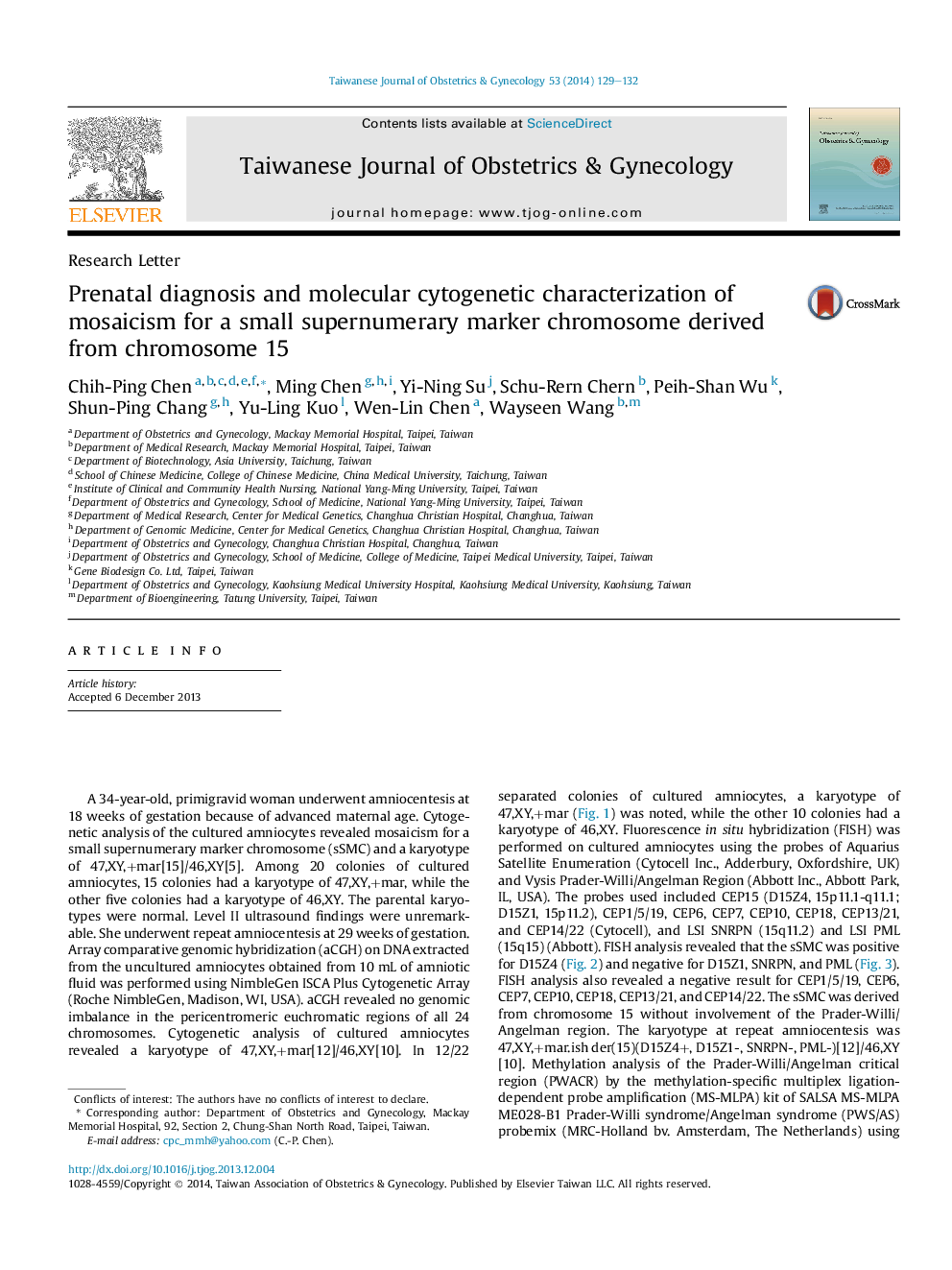 Prenatal diagnosis and molecular cytogenetic characterization of mosaicism for a small supernumerary marker chromosome derived from chromosome 15