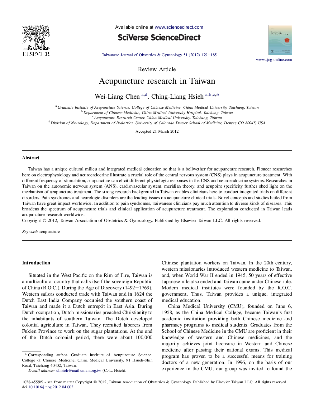 Acupuncture research in Taiwan