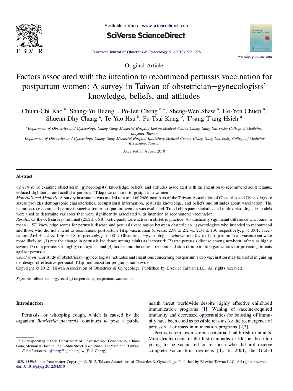 Factors associated with the intention to recommend pertussis vaccination for postpartum women: A survey in Taiwan of obstetrician–gynecologists' knowledge, beliefs, and attitudes