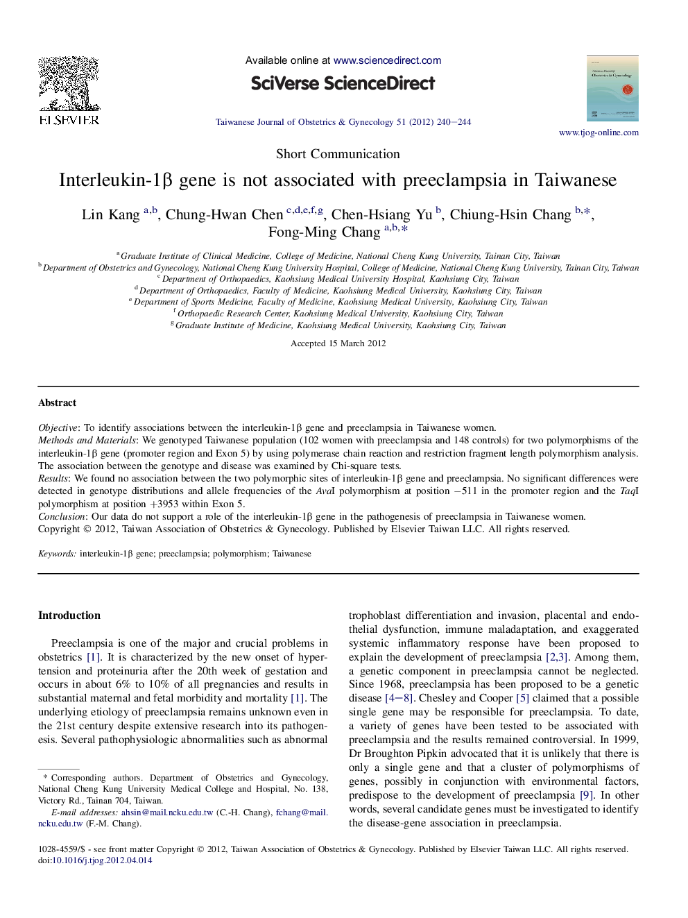 Interleukin-1β gene is not associated with preeclampsia in Taiwanese