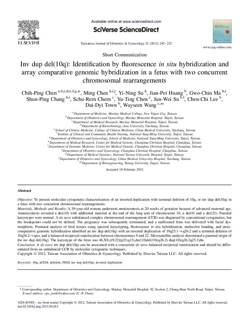 Inv dup del(10q): Identification by fluorescence in situ hybridization and array comparative genomic hybridization in a fetus with two concurrent chromosomal rearrangements