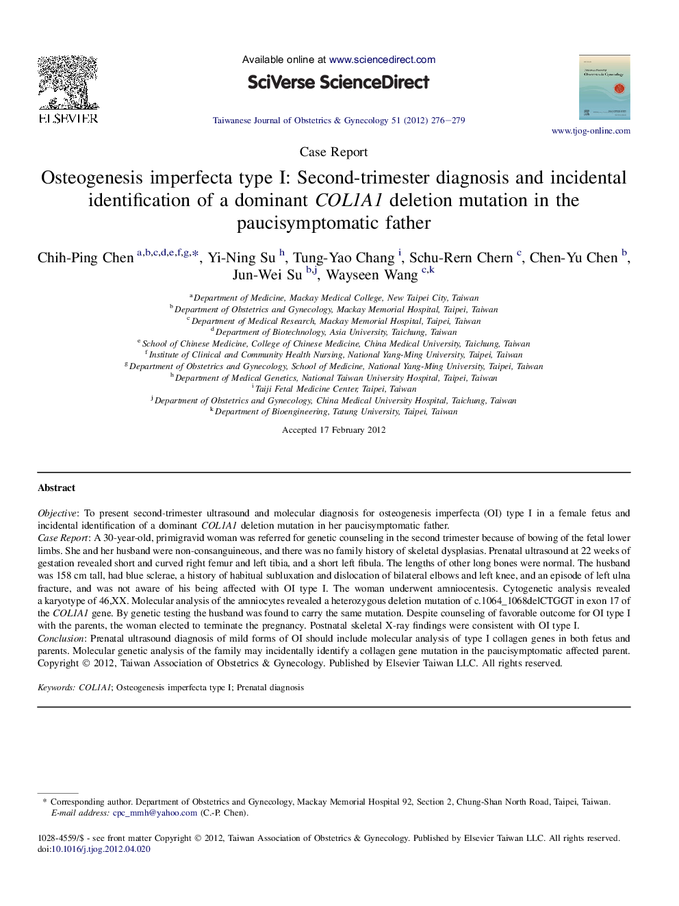 Osteogenesis imperfecta type I: Second-trimester diagnosis and incidental identification of a dominant COL1A1 deletion mutation in the paucisymptomatic father