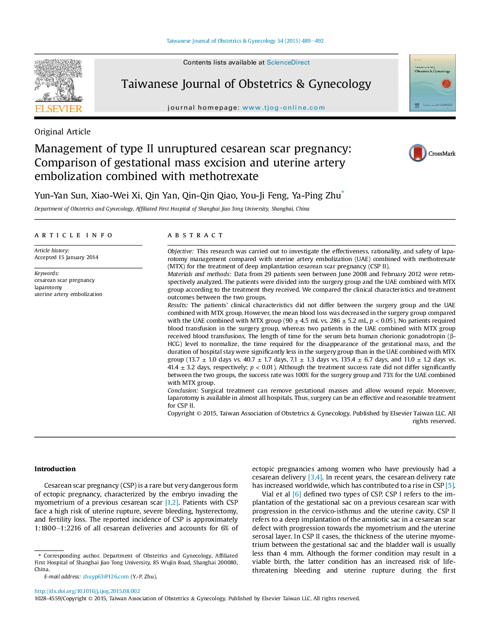 Management of type II unruptured cesarean scar pregnancy: Comparison of gestational mass excision and uterine artery embolization combined with methotrexate