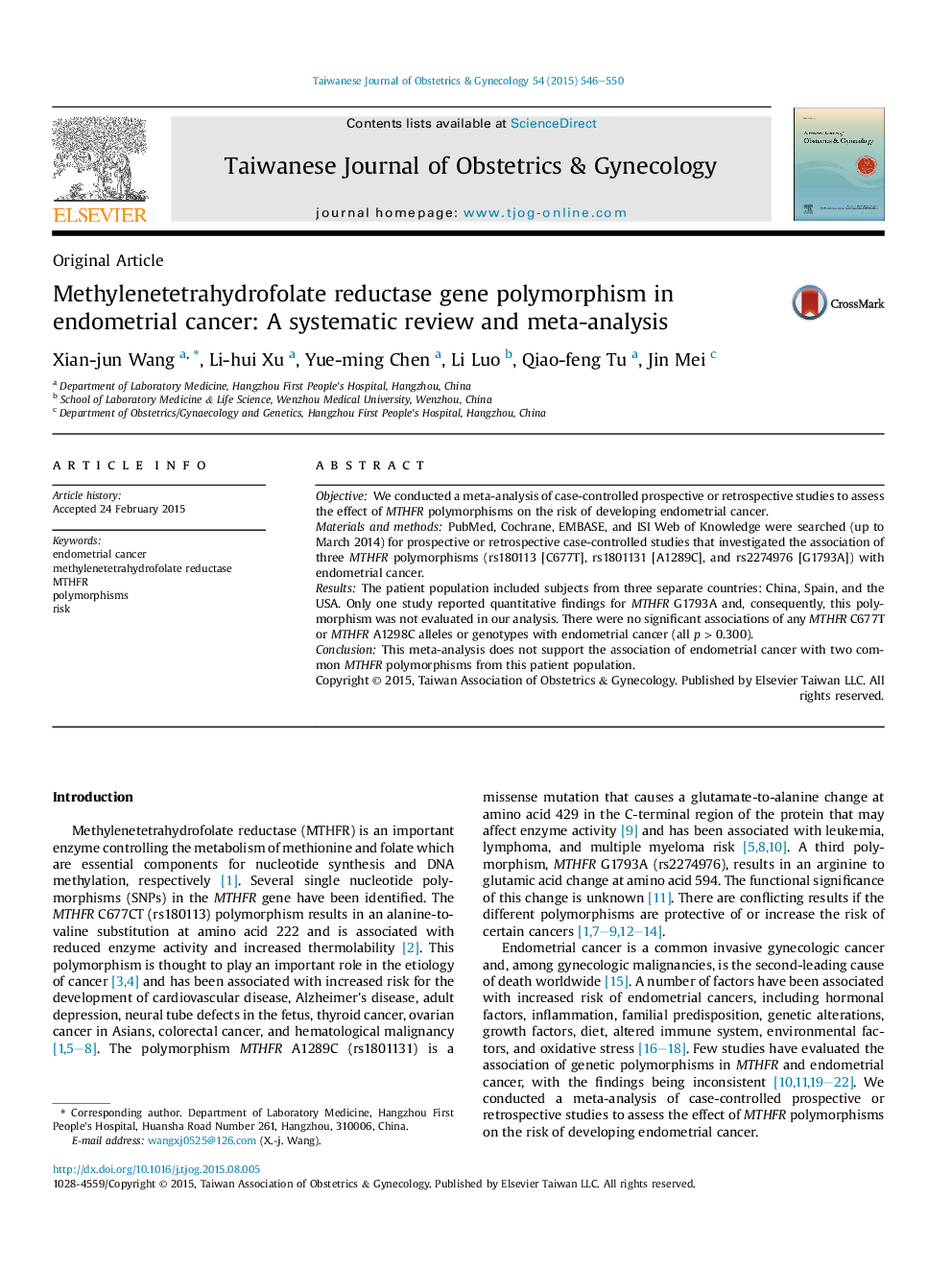 Methylenetetrahydrofolate reductase gene polymorphism in endometrial cancer: A systematic review and meta-analysis