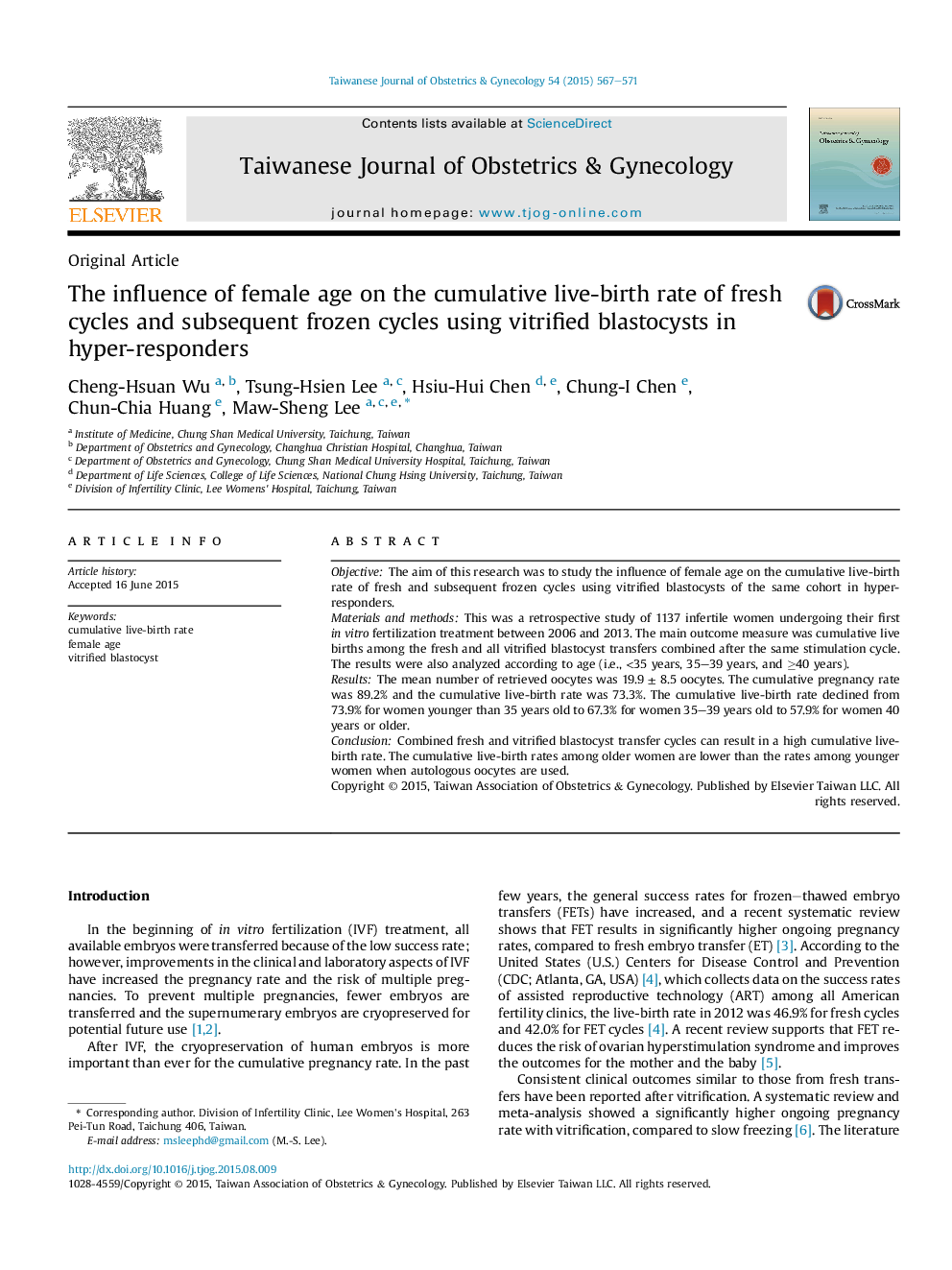 The influence of female age on the cumulative live-birth rate of fresh cycles and subsequent frozen cycles using vitrified blastocysts in hyper-responders