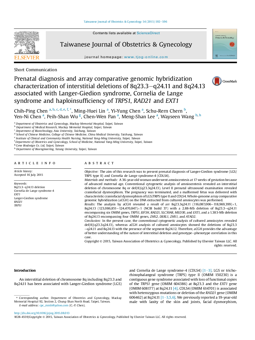 Prenatal diagnosis and array comparative genomic hybridization characterization of interstitial deletions of 8q23.3–q24.11 and 8q24.13 associated with Langer-Giedion syndrome, Cornelia de Lange syndrome and haploinsufficiency of TRPS1, RAD21 and EXT1