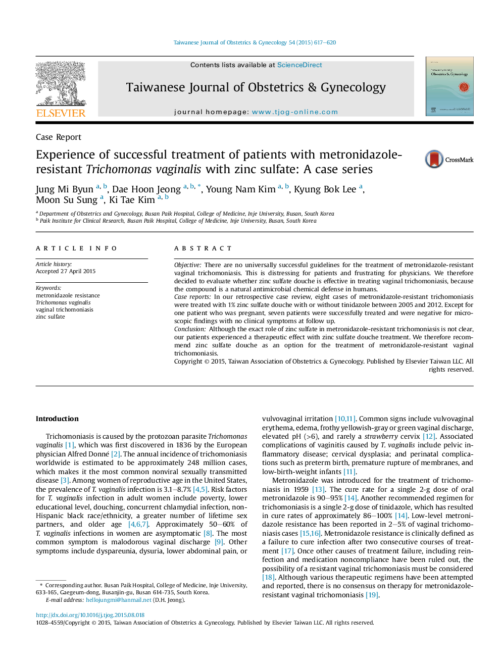 Experience of successful treatment of patients with metronidazole-resistant Trichomonas vaginalis with zinc sulfate: A case series