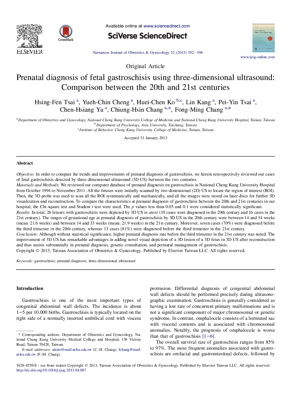 Prenatal diagnosis of fetal gastroschisis using three-dimensional ultrasound: Comparison between the 20th and 21st centuries