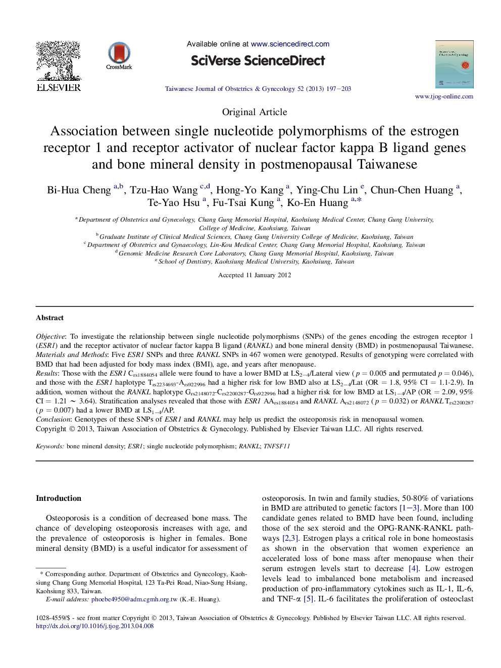 Association between single nucleotide polymorphisms of the estrogen receptor 1 and receptor activator of nuclear factor kappa B ligand genes and bone mineral density in postmenopausal Taiwanese