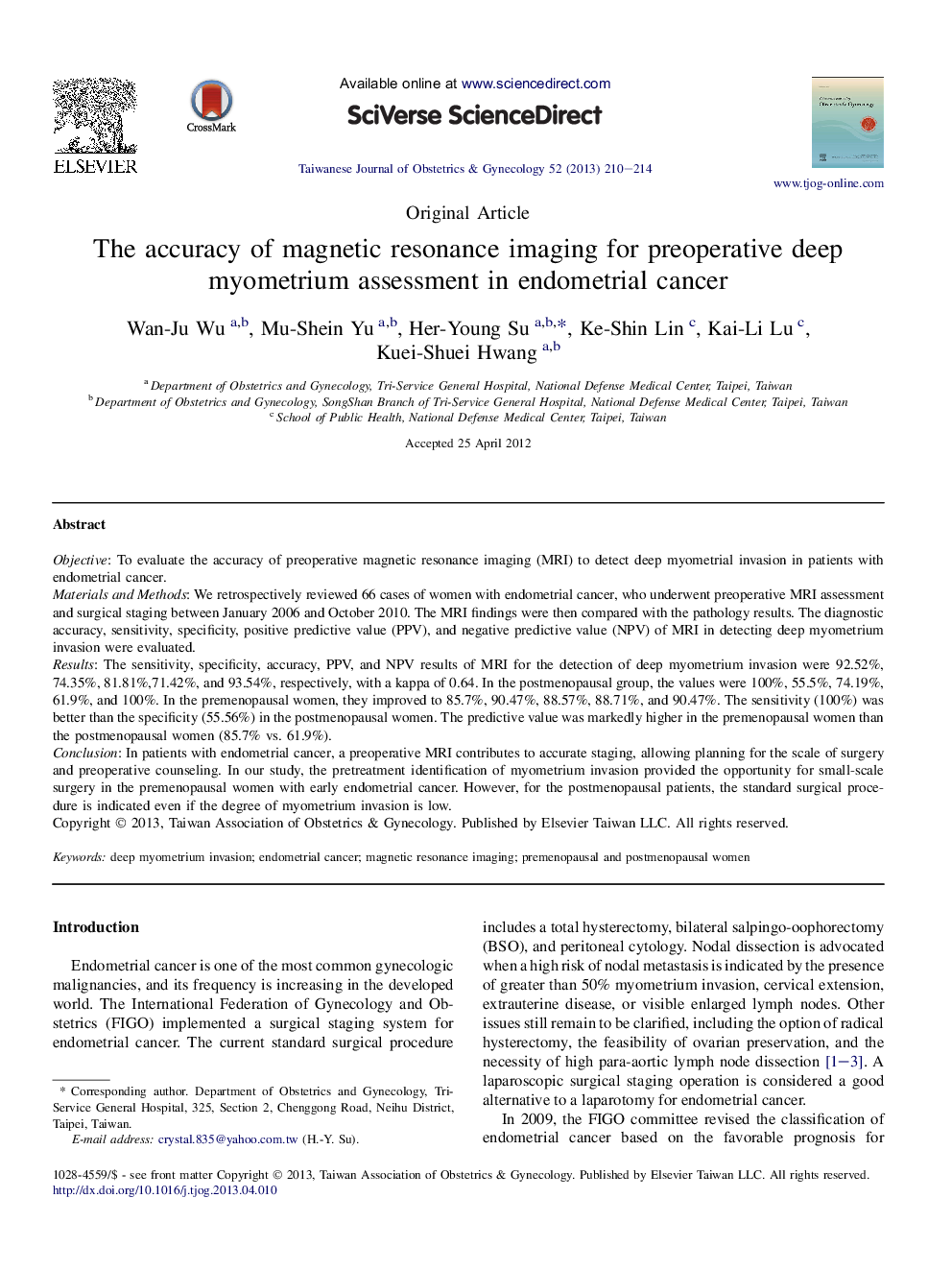 The accuracy of magnetic resonance imaging for preoperative deep myometrium assessment in endometrial cancer