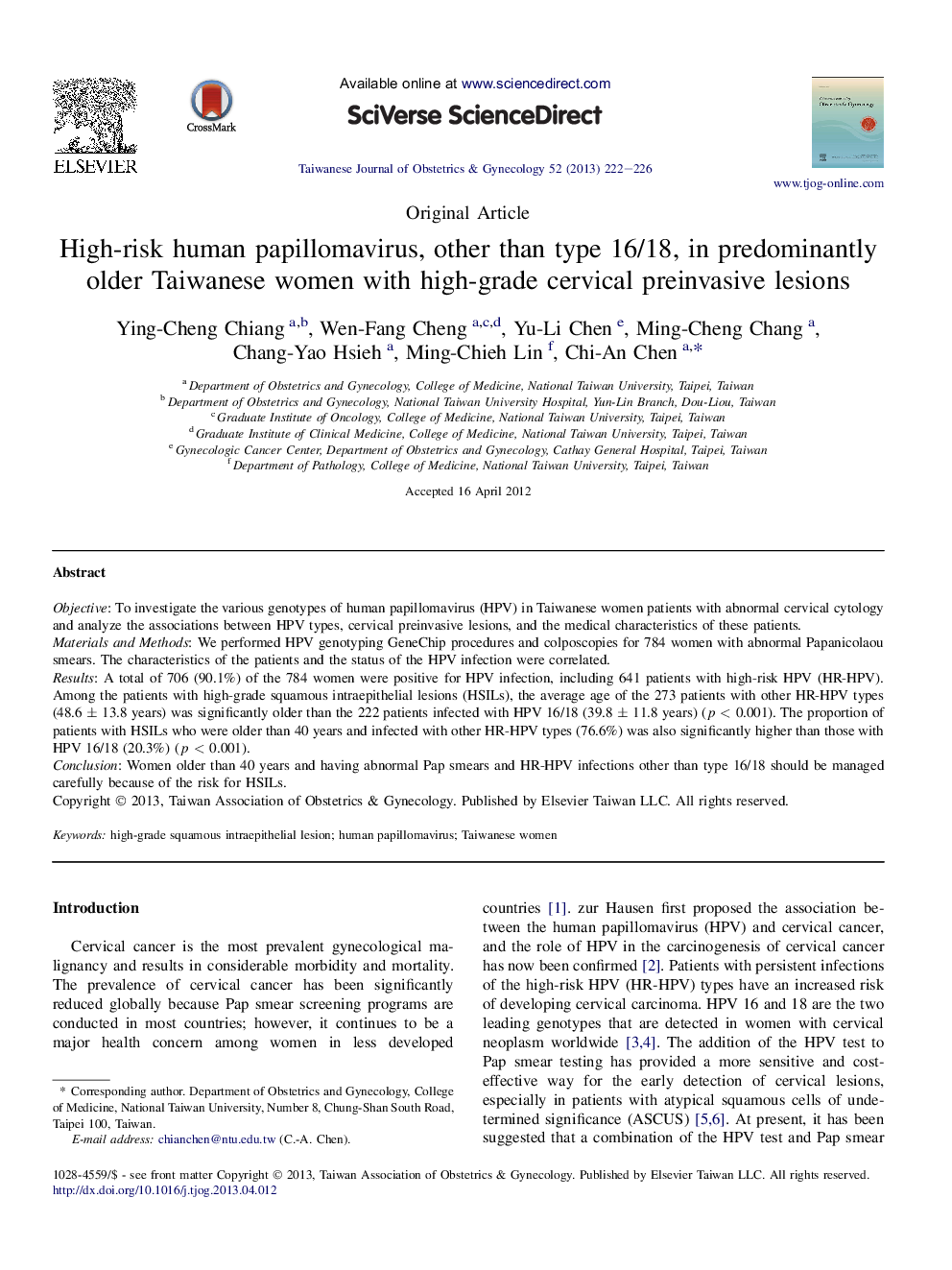 High-risk human papillomavirus, other than type 16/18, in predominantly older Taiwanese women with high-grade cervical preinvasive lesions