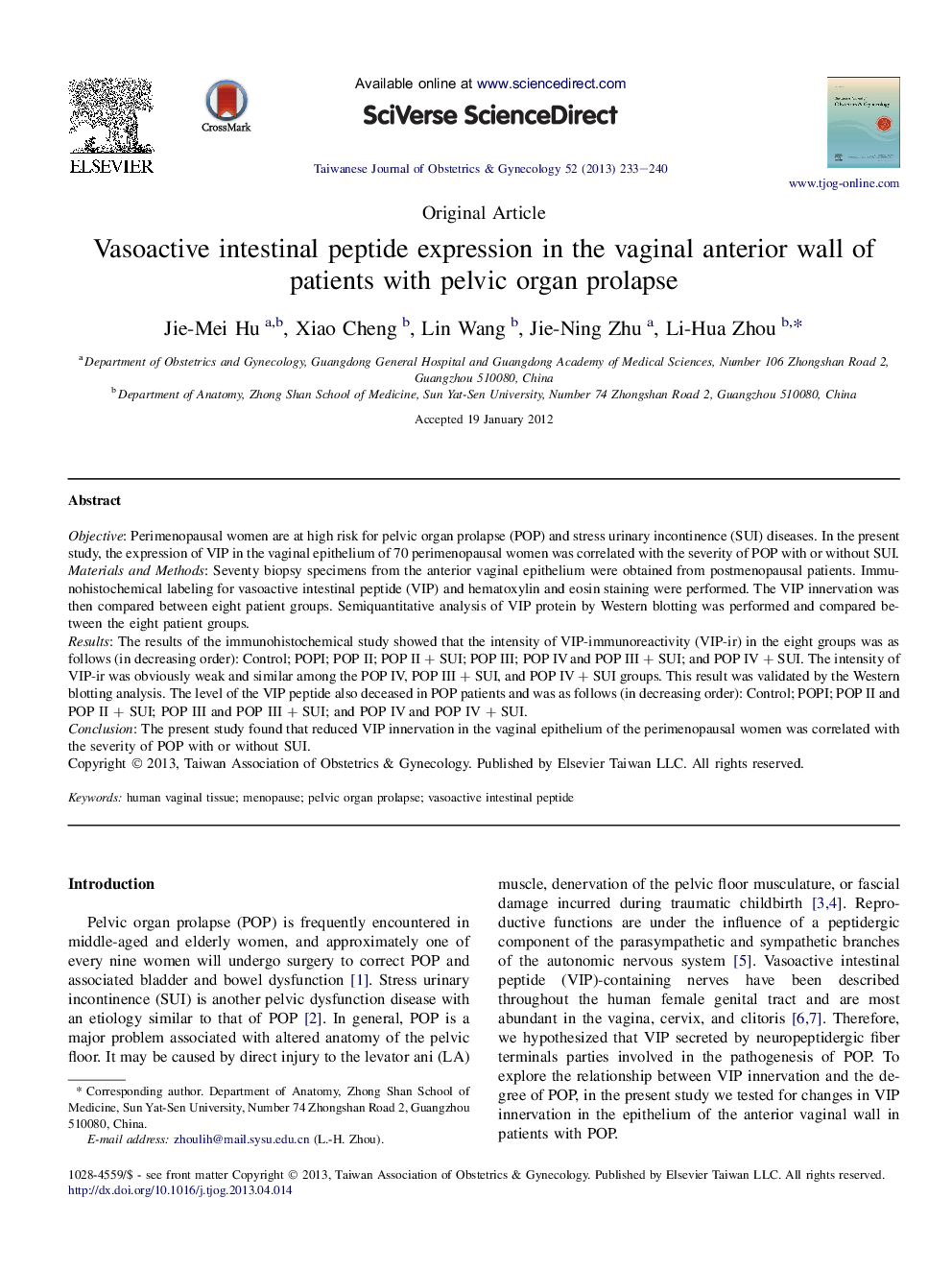 Vasoactive intestinal peptide expression in the vaginal anterior wall of patients with pelvic organ prolapse