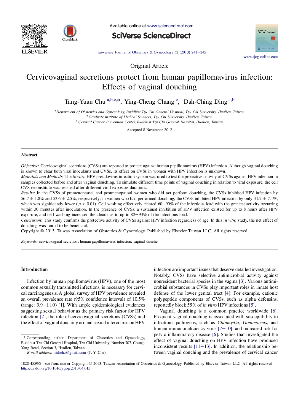 Cervicovaginal secretions protect from human papillomavirus infection: Effects of vaginal douching