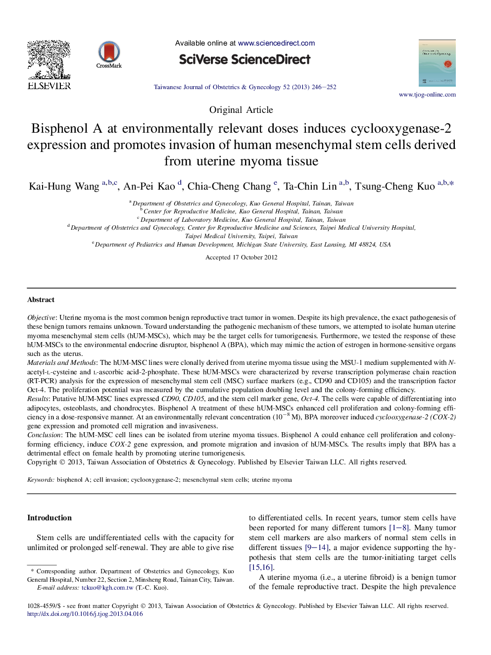 Bisphenol A at environmentally relevant doses induces cyclooxygenase-2 expression and promotes invasion of human mesenchymal stem cells derived from uterine myoma tissue