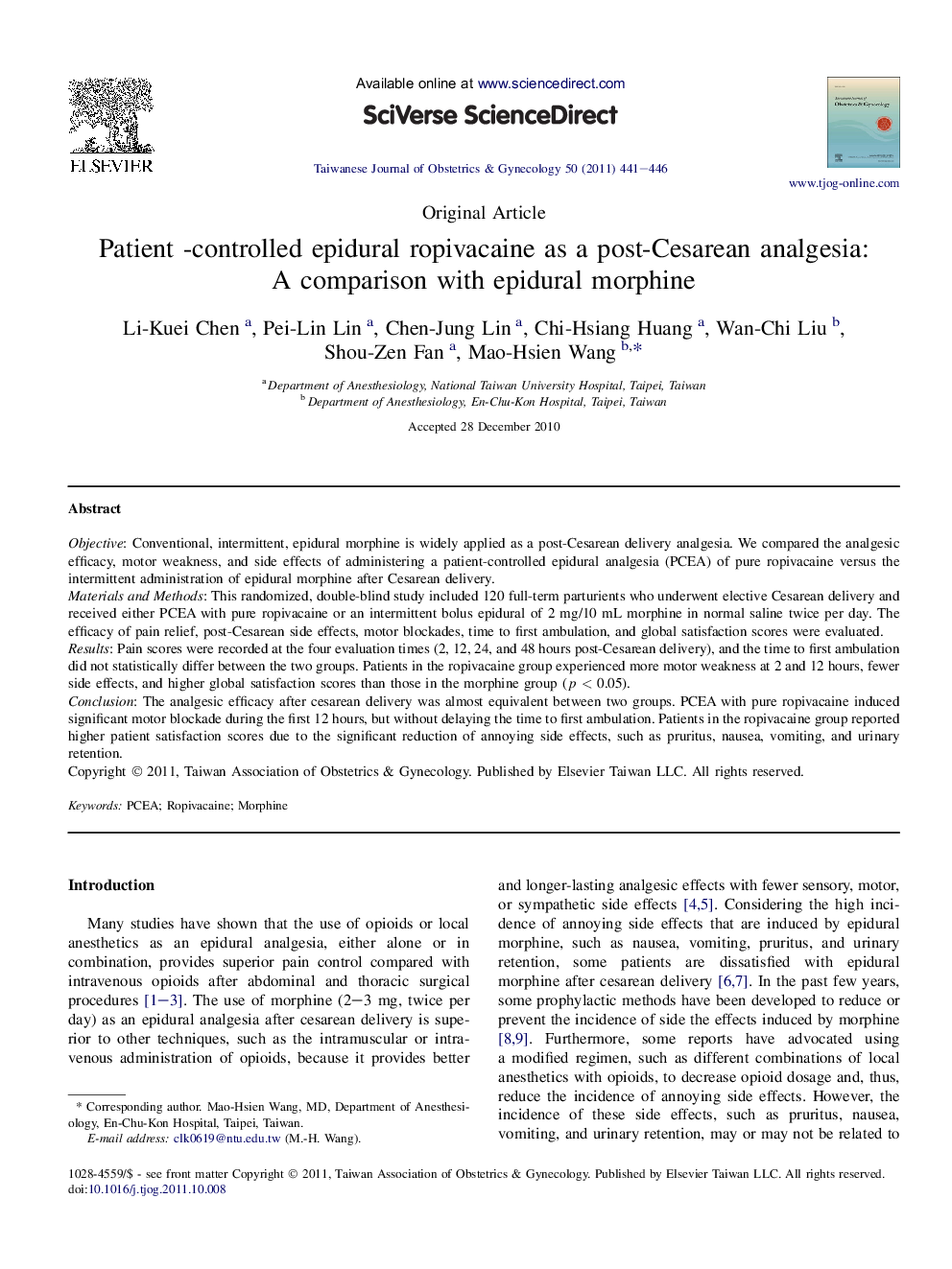 Patient -controlled epidural ropivacaine as a post-Cesarean analgesia: A comparison with epidural morphine