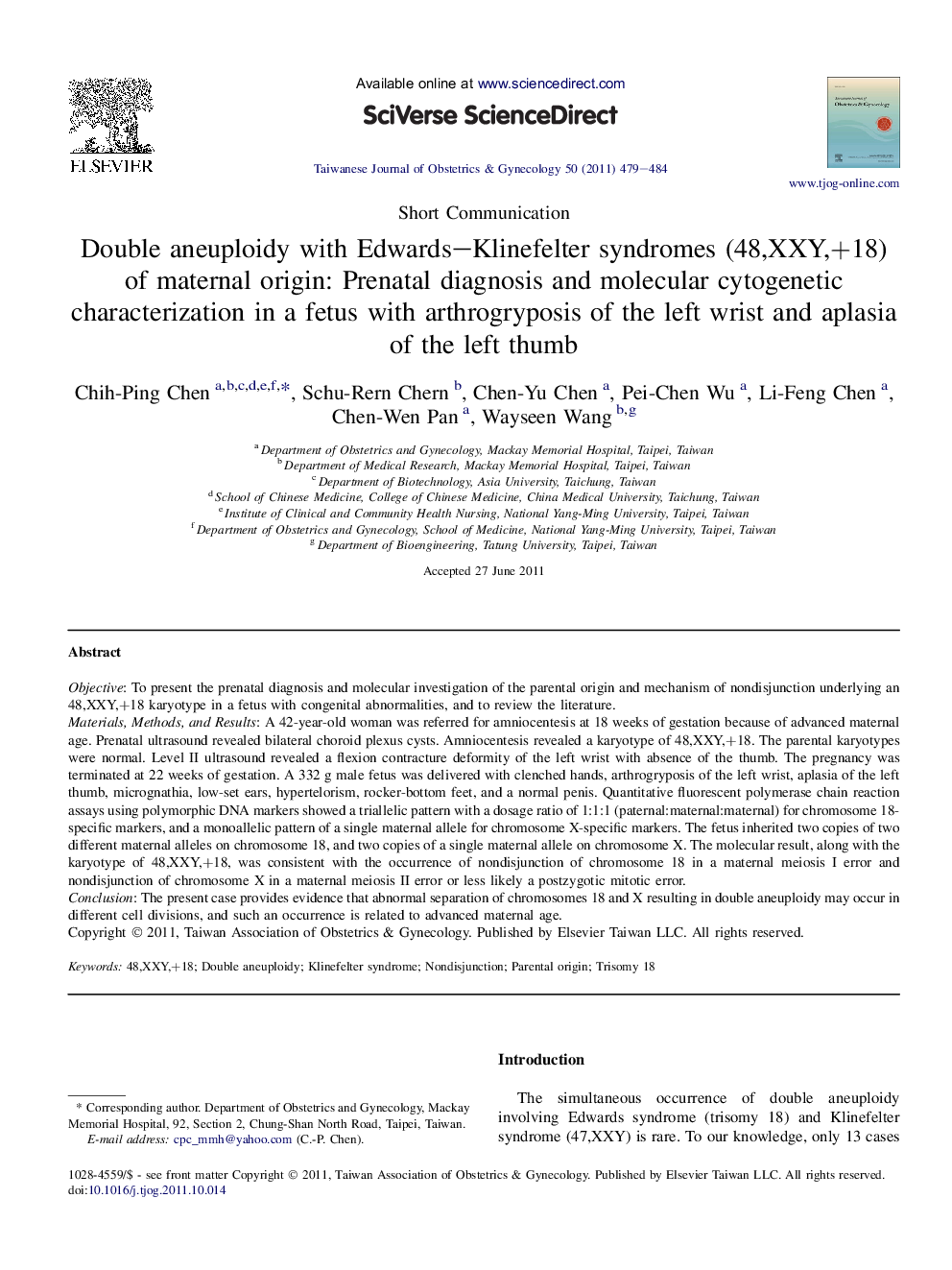 Double aneuploidy with Edwards–Klinefelter syndromes (48,XXY,+18) of maternal origin: Prenatal diagnosis and molecular cytogenetic characterization in a fetus with arthrogryposis of the left wrist and aplasia of the left thumb