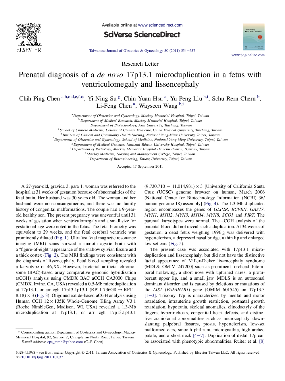 Prenatal diagnosis of a de novo 17p13.1 microduplication in a fetus with ventriculomegaly and lissencephaly