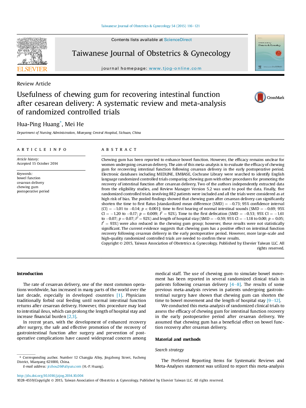 Usefulness of chewing gum for recovering intestinal function after cesarean delivery: A systematic review and meta-analysis of randomized controlled trials