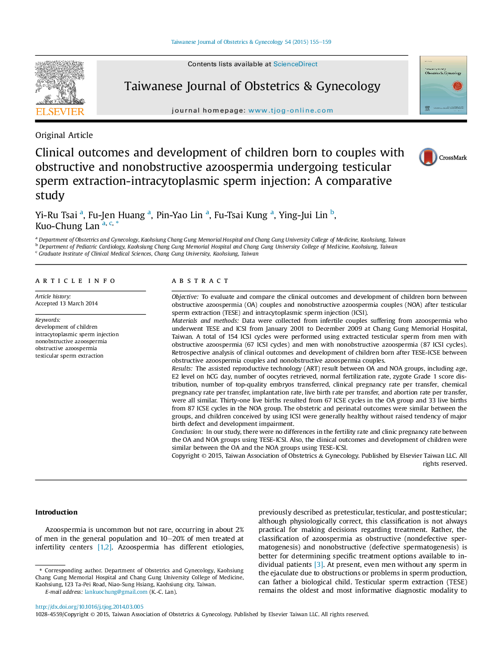 Clinical outcomes and development of children born to couples with obstructive and nonobstructive azoospermia undergoing testicular sperm extraction-intracytoplasmic sperm injection: A comparative study