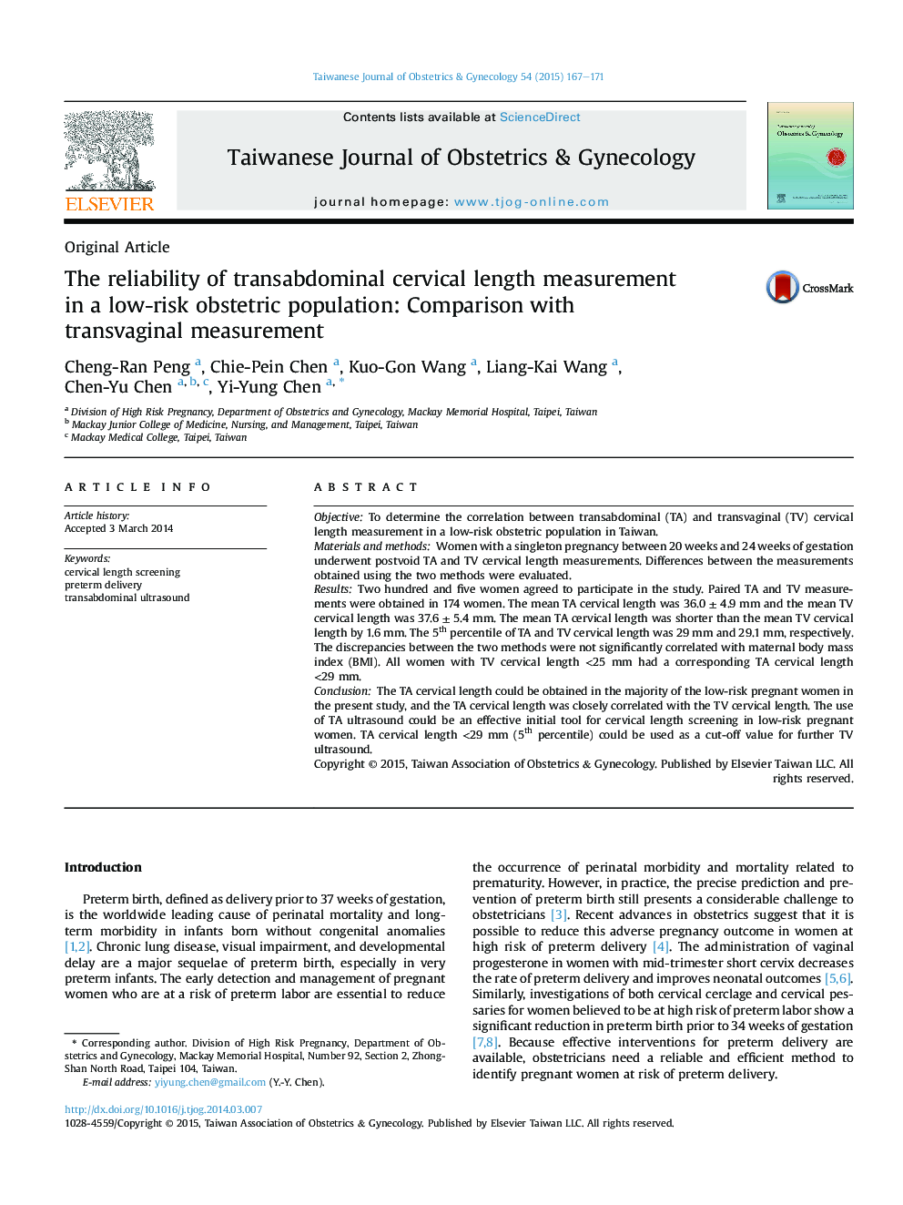 The reliability of transabdominal cervical length measurement in a low-risk obstetric population: Comparison with transvaginal measurement