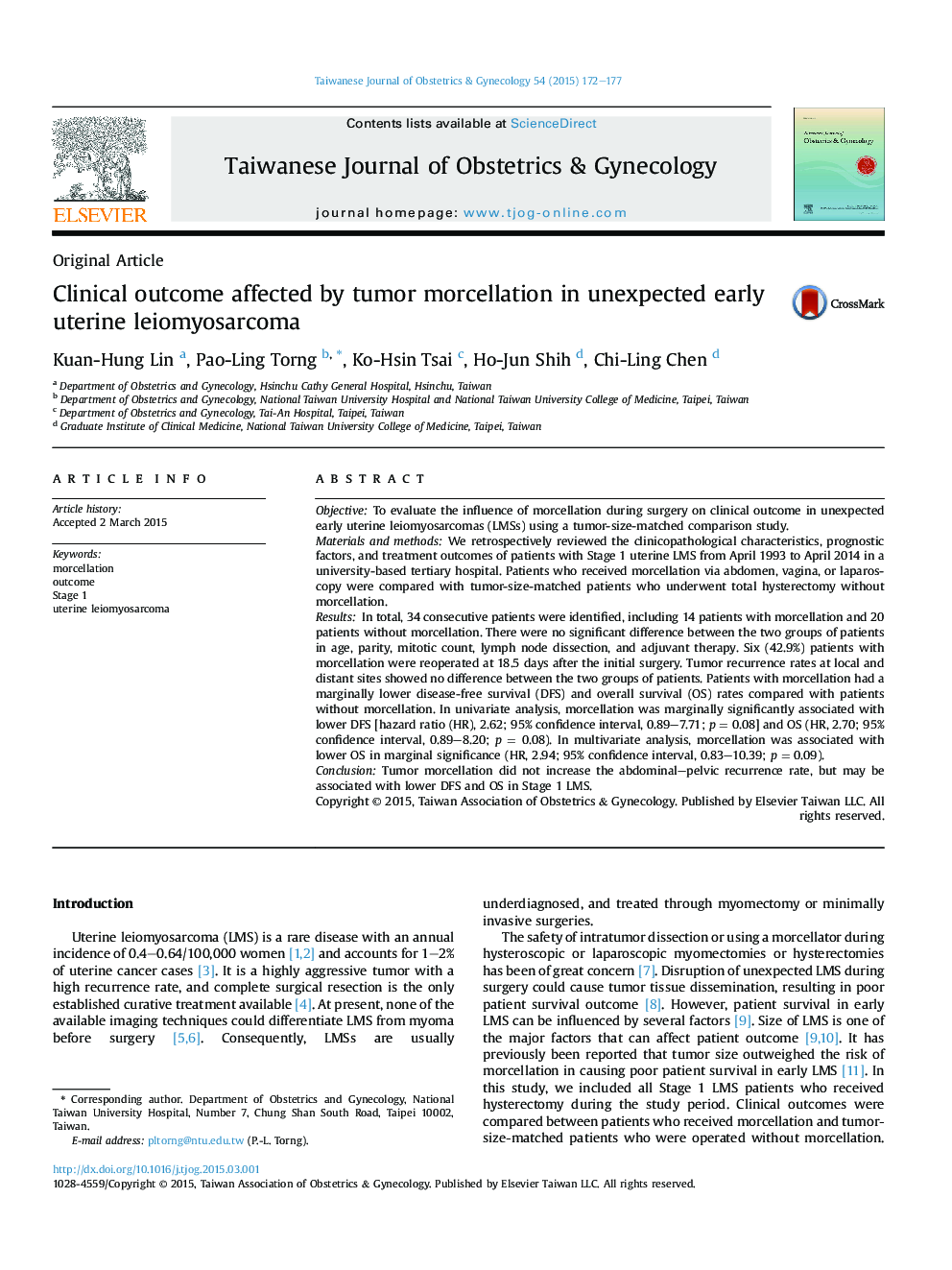 Clinical outcome affected by tumor morcellation in unexpected early uterine leiomyosarcoma