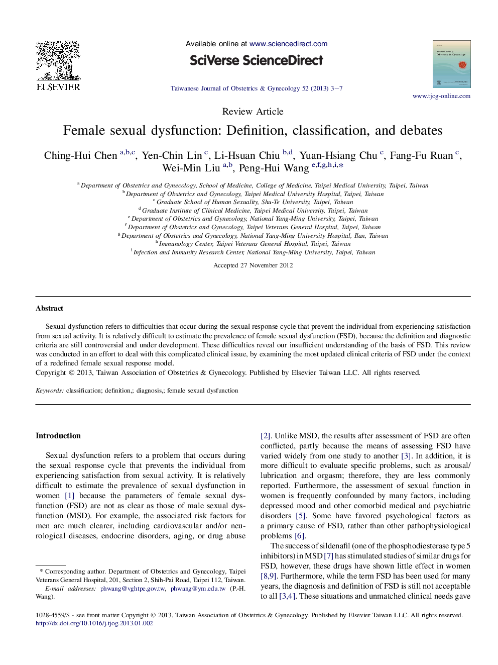 Female sexual dysfunction: Definition, classification, and debates