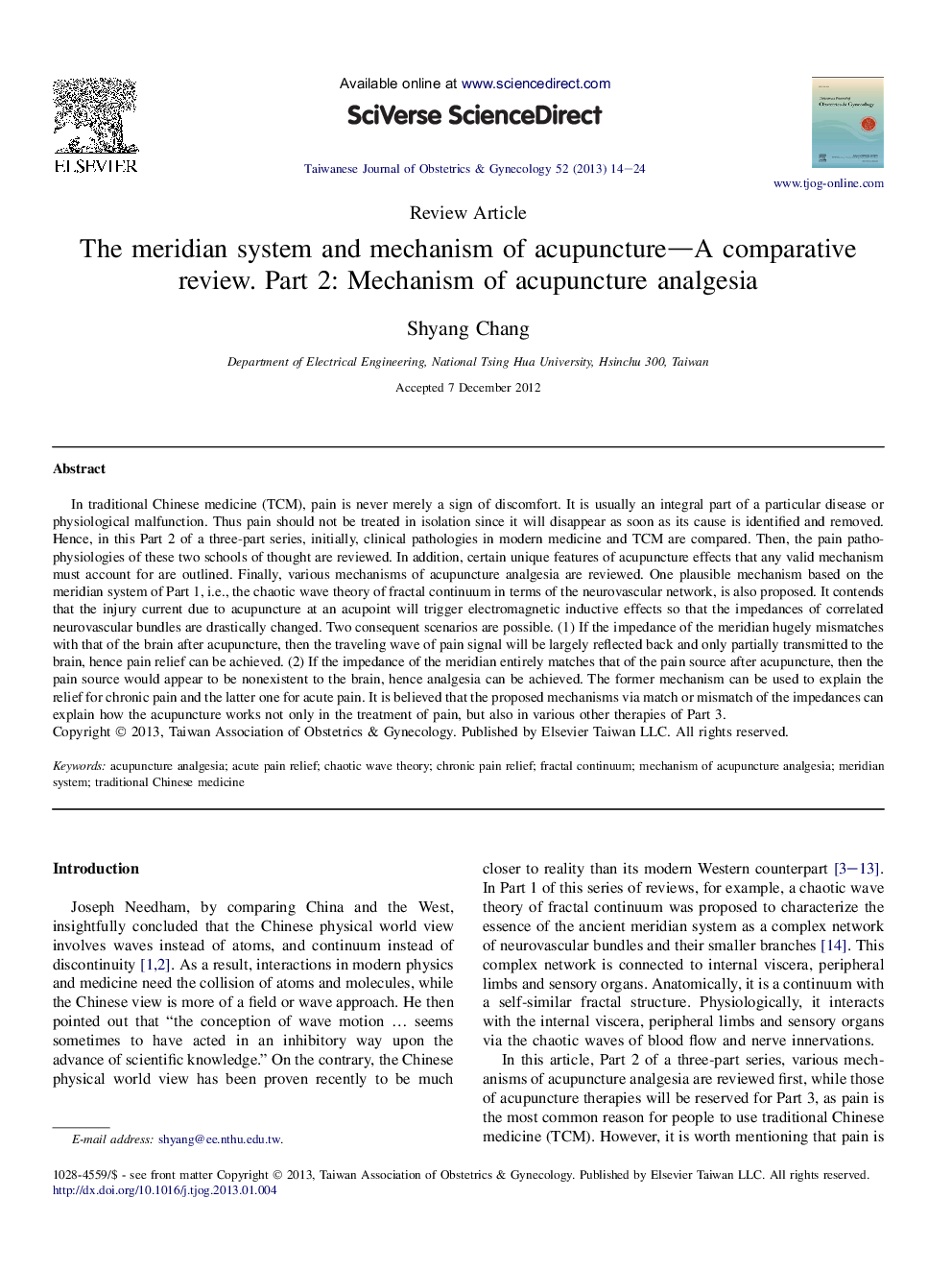 The meridian system and mechanism of acupuncture—A comparative review. Part 2: Mechanism of acupuncture analgesia