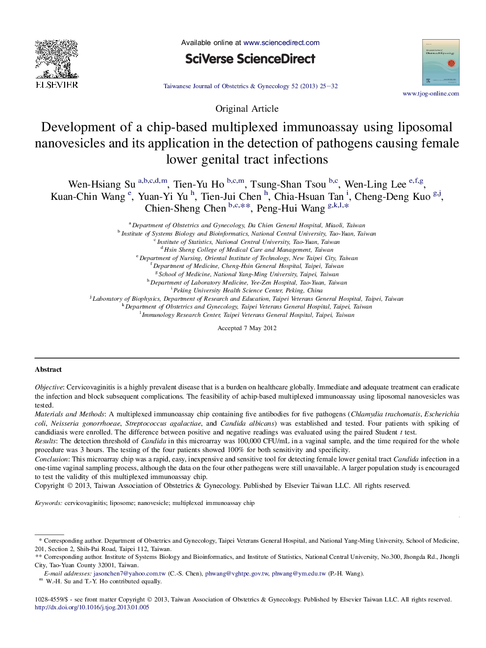 Development of a chip-based multiplexed immunoassay using liposomal nanovesicles and its application in the detection of pathogens causing female lower genital tract infections