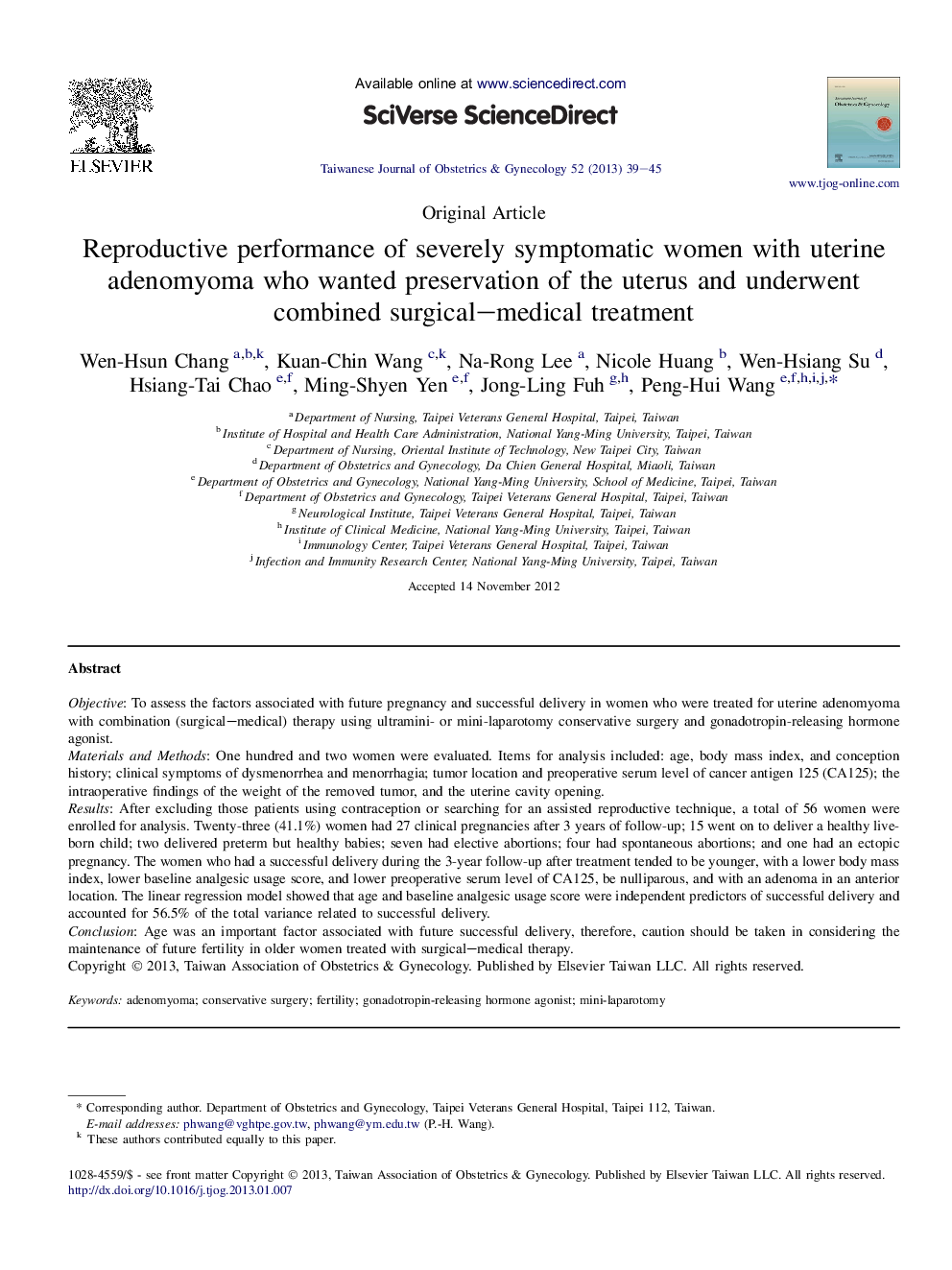 Reproductive performance of severely symptomatic women with uterine adenomyoma who wanted preservation of the uterus and underwent combined surgical–medical treatment