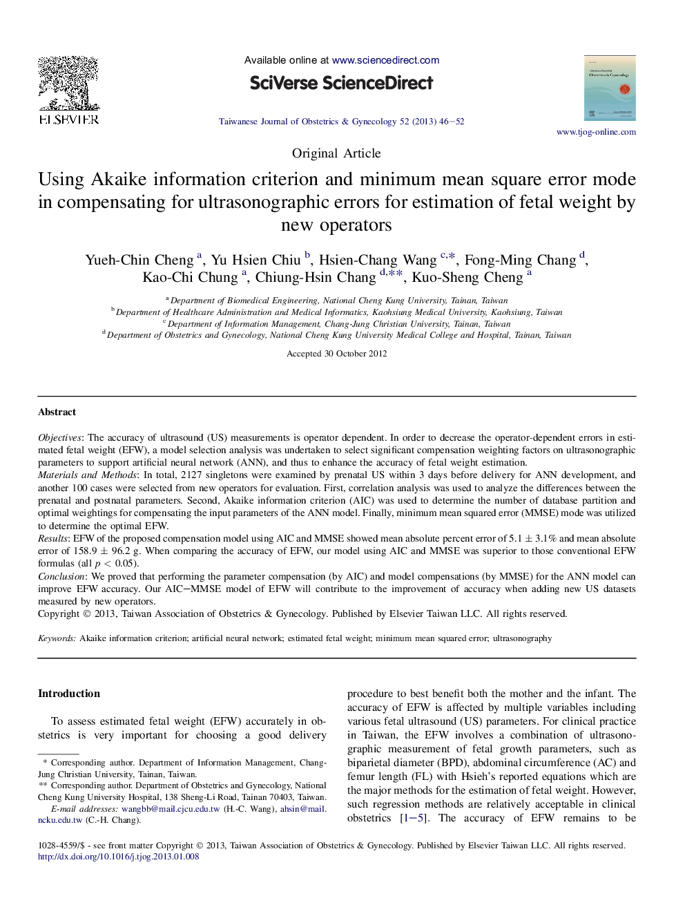 Using Akaike information criterion and minimum mean square error mode in compensating for ultrasonographic errors for estimation of fetal weight by new operators