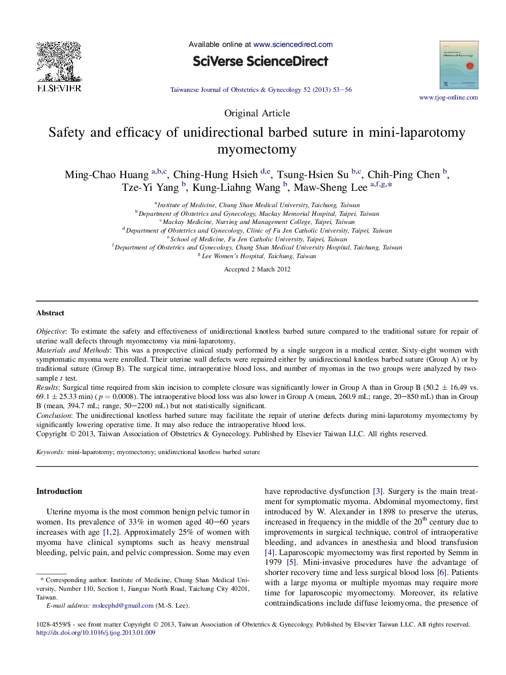 Safety and efficacy of unidirectional barbed suture in mini-laparotomy myomectomy